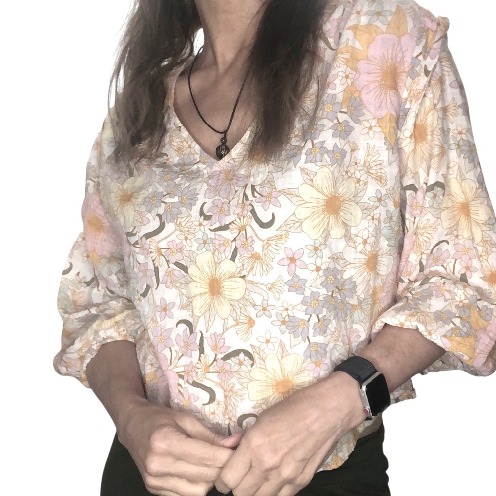 a.n.a Cotton Bl Sz S Cottagecore Floral Blouse Top Boxy Oversized Balloon Sleeve